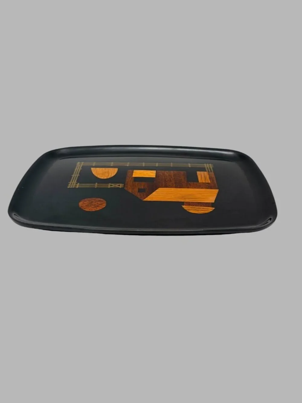 Vintage Couroc of Monterey Black Tray Wood Inlay Abstract House MCM 12.75 Inches